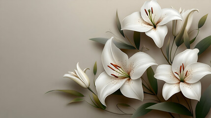 Elegant white lilies with green leaves on a soft background.
