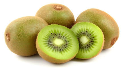 Fototapeta premium Four whole kiwis and two halved kiwis on a white background.