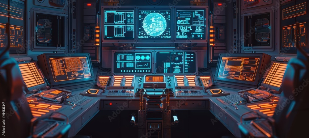 Aufkleber high-tech nuclear missile control panel with glowing displays in secure bunker setting