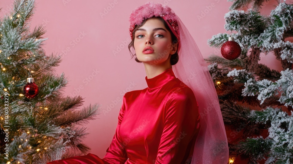 Wall mural Woman in Red Dress by Christmas Tree