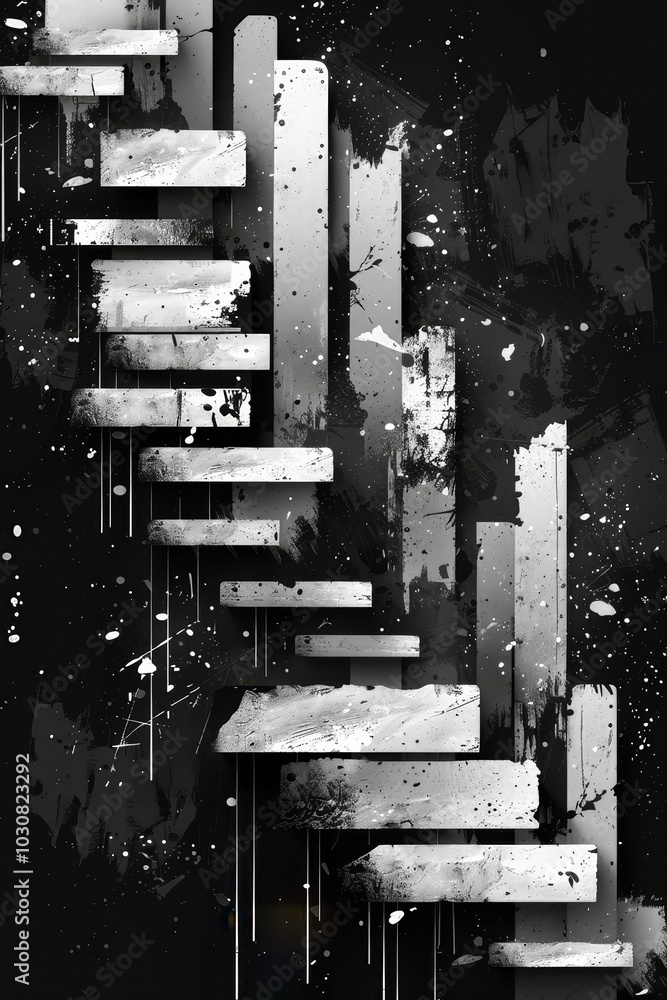 Poster this artwork showcases an abstract composition of geometric shapes in black and white, adorned with 
