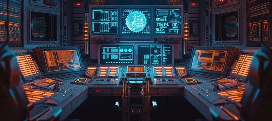 Fototapeta premium High-Tech Nuclear Missile Control Panel with Glowing Displays in Secure Bunker Setting
