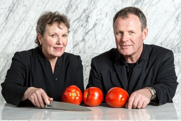 Chefs preparing tomatoes with knife in modern kitchen setting