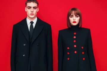Naklejka premium Stylish couple in black coats against bold red background