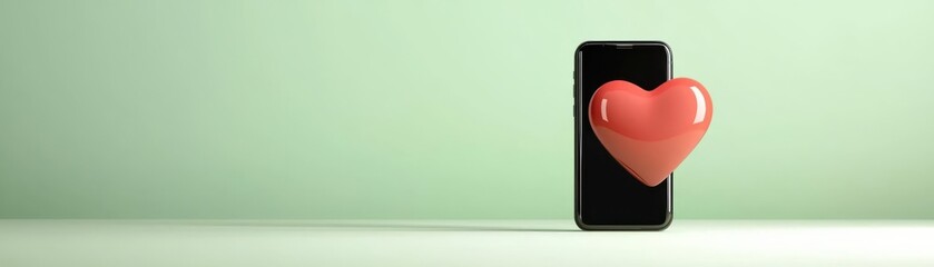 Mobile phone with a heart icon glowing, set against minimal green background, digital love, technology meets emotions