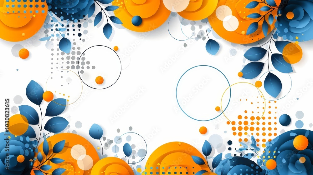 Poster a vibrant abstract design features overlapping orange and blue circles surrounded by delicate leaves