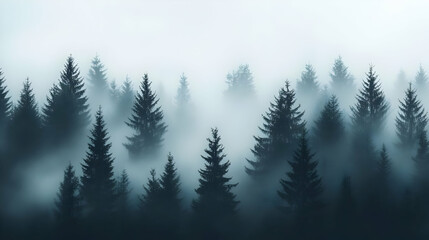 Misty forest landscape with tall evergreen trees in fog.