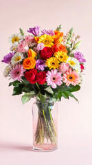 Fototapeta premium Vase with colorful flowers including roses and daisies on light background