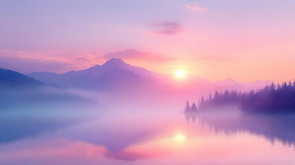 Obraz premium Serene sunrise over misty mountains and reflective lake.