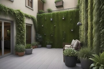 A lush green wall featuring an array of plants and potted greenery, enhancing the space with a touch of nature.