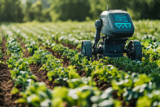 Autonomous farming robot tending crops in green field, smart agriculture technology concept