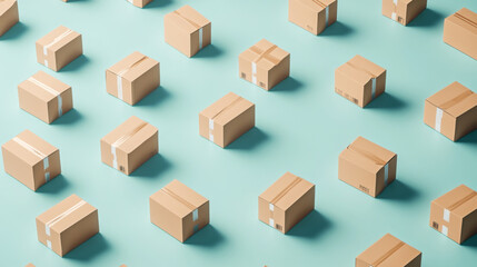 Cardboard boxes arranged in a pattern on light blue background, concept of shipping
