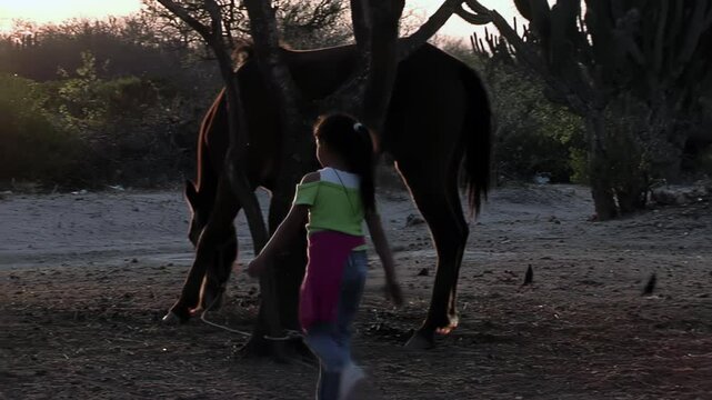 Child Walking to Her Horse Tied to a Tree on a Rural Farm, Santiago del Estero, Argentina
