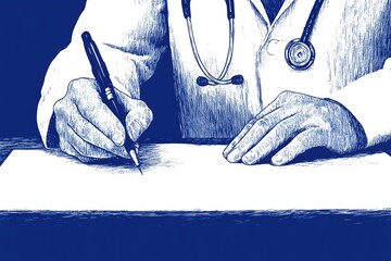 Blue toned medical art: doctor writing prescription with stethoscope