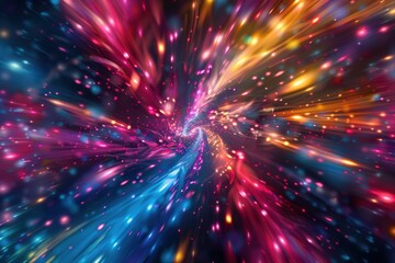 Obraz premium Vibrant Neon Fireworks and Swirling Light Trails Against a Dark Starry New Year's Sky
