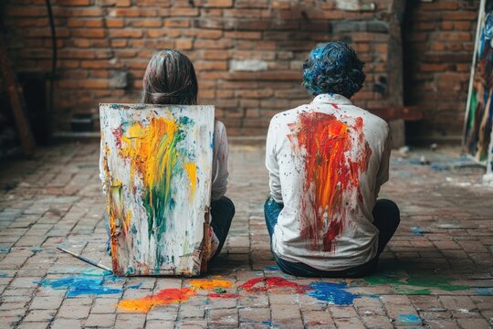 Colorful artistic expression: two artists covered in paint creating unique masterpieces