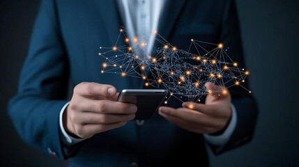 businessman using mobile smartphone interacts with digital network, showcasing technology and connectivity. image conveys sense of innovation and modern communication