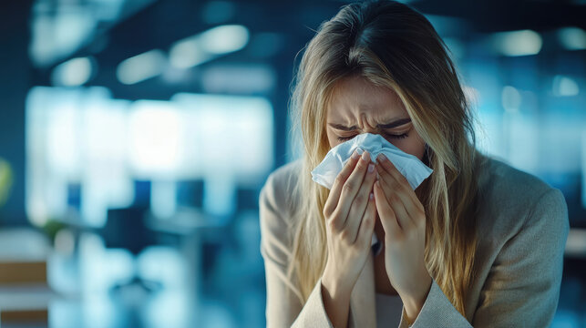 Woman in office clothes with cold or allergy sneezing into handkerchief on blurred office background, sick girl, flu, acute respiratory viral infection, ARVI, virus, runny nose, employee at work