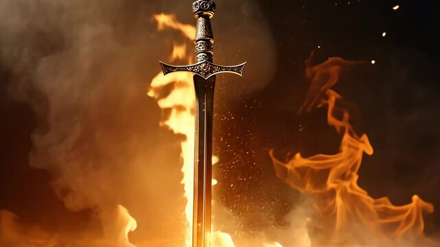 A medieval sword stands upright in a roaring fire