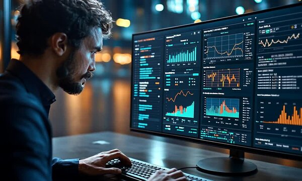 A man analyzes data on a computer screen filled with graphs and charts in a modern workspace.