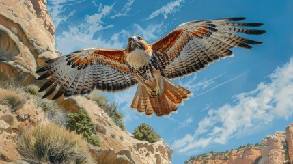 Majestic Red-Tailed Hawk Soaring Over Scenic Canyon for Nature Posters