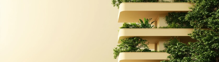 Modern building with green plants on balconies against a soft beige background.