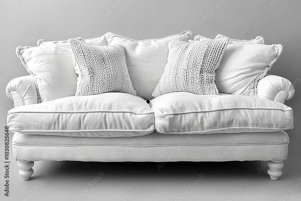 Poster the couch features a soft white fabric and plush cushions adorned with knitted pillows, creating a c