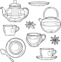Set of different glass and ceramic teapots and tea cups for the tea ceremony. Morning hot drink. Vector illustration in hand drawn sketch doodle style. Line art isolated on white for coloring book