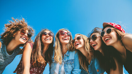 Fototapeta premium Friendship Day. A group photo of diverse friends laughing together on a sky-blue background