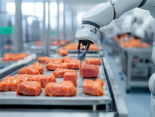 A robotic arm is handling raw meat pieces on a conveyor in a modern food processing facility.