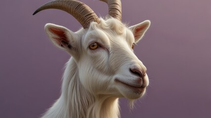 Fototapeta premium A goat with long, prominent horns gazes forward against a vibrant purple background.