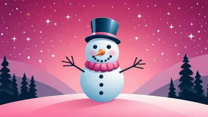 Fototapeta premium A cheerful cartoon snowman wearing a hat and scarf, standing against a wintery background.