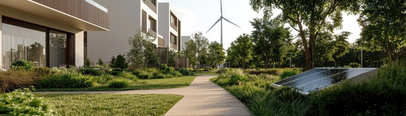 Obraz premium Modern eco-friendly building with green landscape and renewable energy features.
