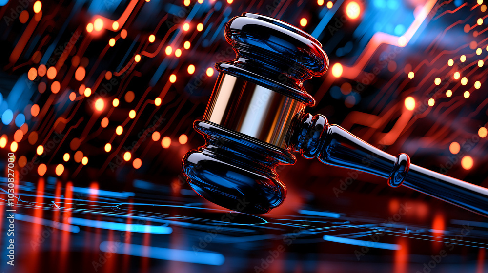 Poster digital gavel symbolizing law and technology, representing intersection of justice and innovation. t