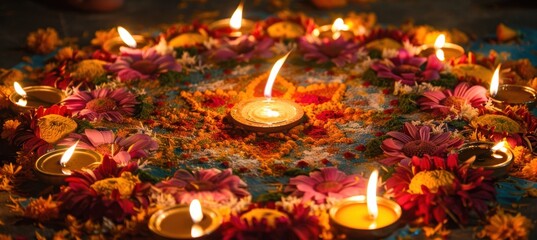 Colorful Tihar Rangoli with Candles and Flowers for Diwali Festive Decor Inspiration