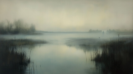 Fototapeta premium A painting of a lake with a foggy sky