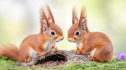 Fototapeta premium Two adorable squirrels sharing a tender moment inside a tree hollow in a fairy-tale forest during a magical sunset