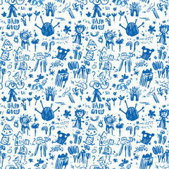 A seamless pattern of hand-drawn sketches in kids art style, full of playful and colorful doodles. Perfect for children's decor, clothing, or creative designs. Whimsical and fun!