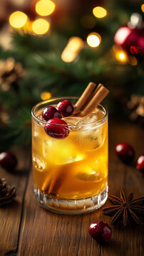 A glass of winter spiced rum cocktail on a rustic wooden table, garnished with a cinnamon stick and fresh cranberries, cozy holiday mood, blurred background with seasonal decorations