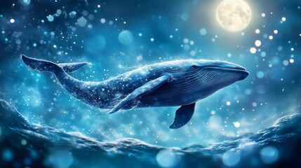 Majestic whale swimming under the moonlight in a mystical ocean. A serene scene filled with shimmering water and stars.