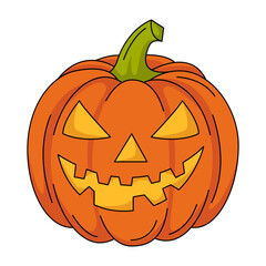 Halloween pumpkin with spooky face. Traditional holiday vegetable. Vector flat simple element, color illustration. For logo, sticker, print, web design, scrapbooking