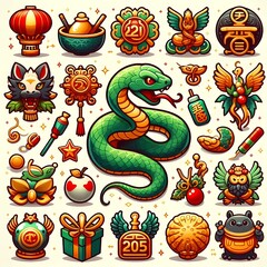 New Year's poster 2025 with the symbol of the year and New Year's decorations, stickers
