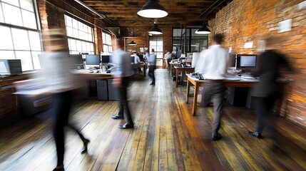 Blurred motion of people working in an office with brick walls and wood floors.