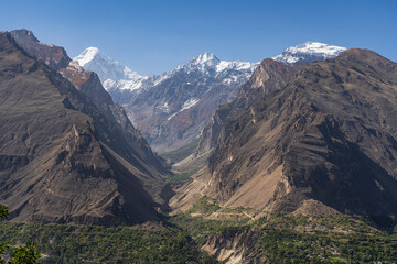 Scenic mountain landscape view of Sumayar valley with Diran peak in background, Nagar, Gilgit-Baltistan, Pakistan 
