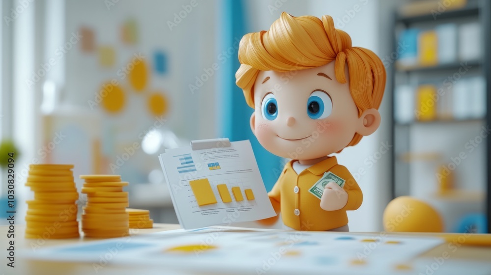 Poster a cheerful child analyzing financial data with coins and charts around.