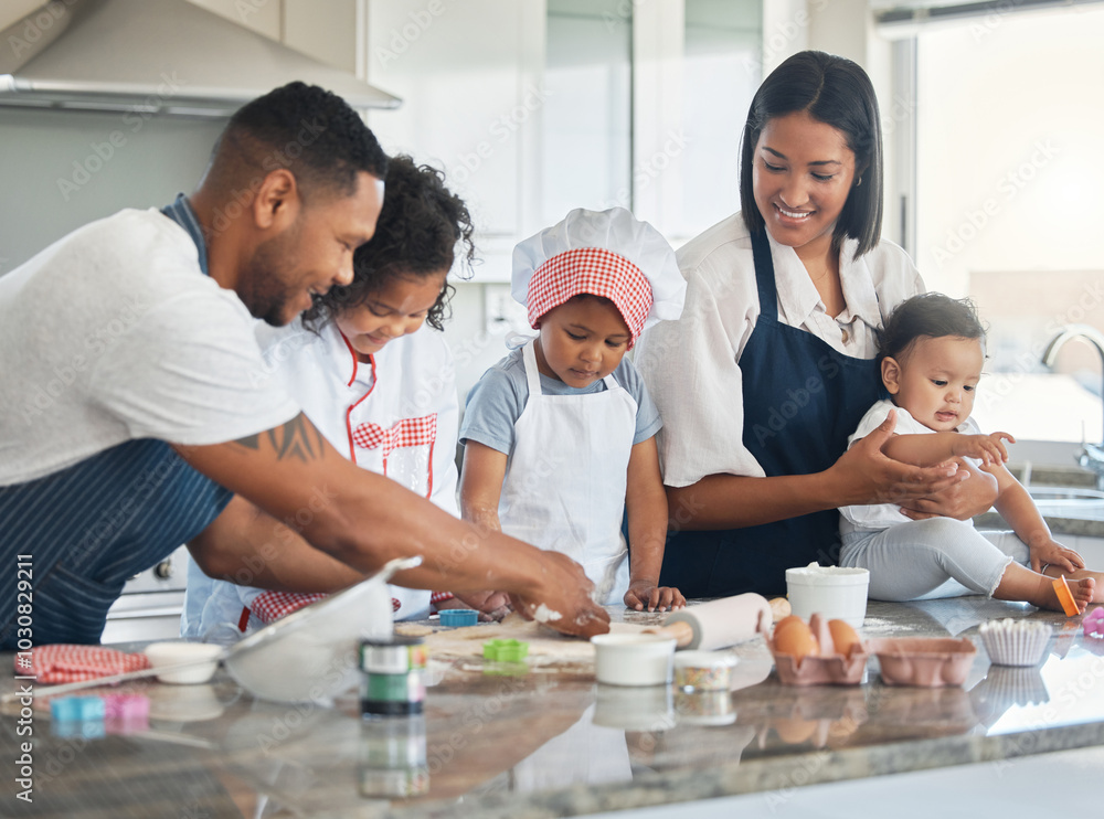 Canvas Prints Happy family, kids and help with baking, teaching and shape flour in home kitchen. Mother, father and children learning cooking with dough for dessert, development or people prepare cookies together