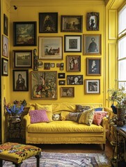 Yellow Living Room Interior Design with Vintage Artwork and Sofa