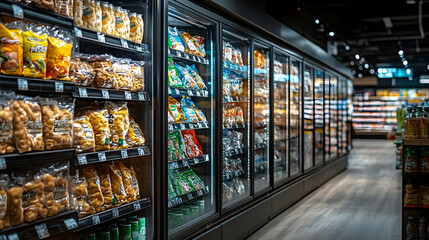 A grocery aisle filled with various packaged snacks and frozen items.