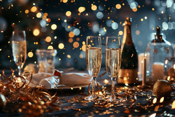 New years eve celebration background, champagne glasses on table with gold confetti and bokeh lights.