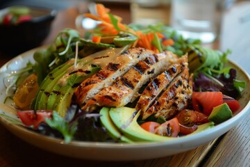 Grilled chicken salad with avocado and fresh vegetables
